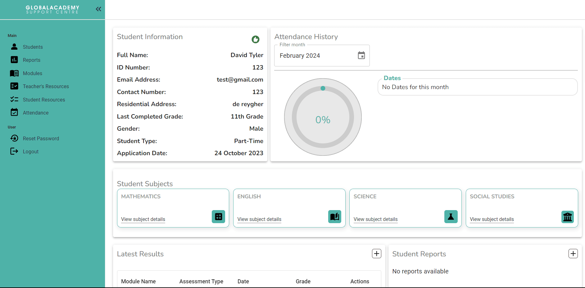 Global Academy Support Centre student overview showing attendance, subjects and results