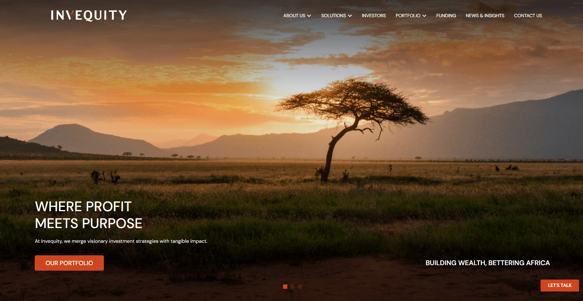 Invequity homepage with a sunset landscape and the heading Where profit meets purpose